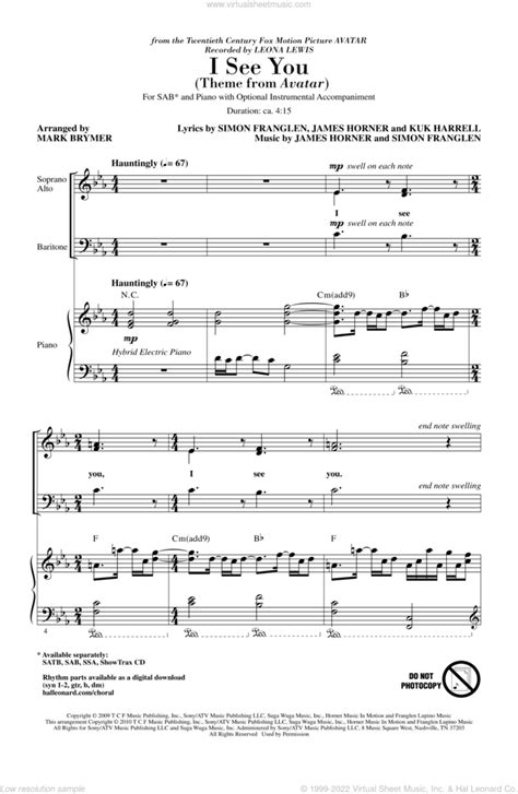 I See You Theme From Avatar Sheet Music For Choir Sab Soprano Alto Bass