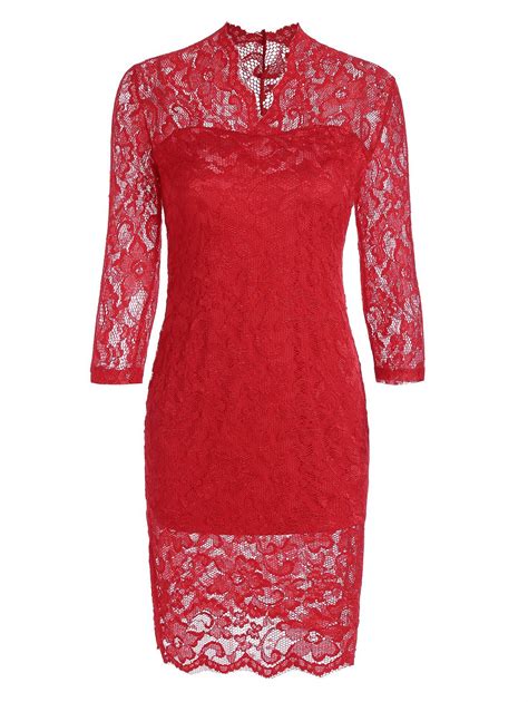 [23 Off] V Neck Lace Tight Fitted Sheath Dress Rosegal