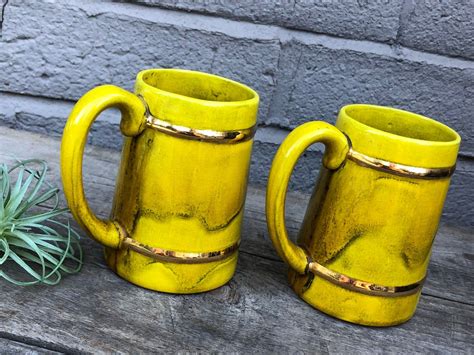 Vintage Set Of Two Ceramic Coffee Tea Cups Mugs Glazed Mustard Yellow