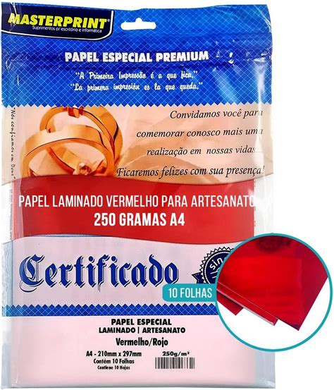 Papel Laminado A4 250g Vermelho Lamicote Masterprint 10 Folhas Infoleo