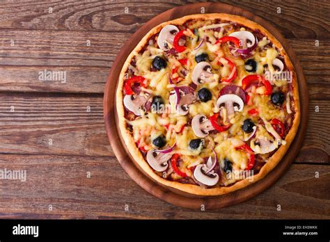 Pizza With Seafood On Wood Table Top View Stock Photo 79376631 Alamy