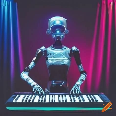 Futuristic Robot Playing Synthesizer With Lasers And Colored Lighting