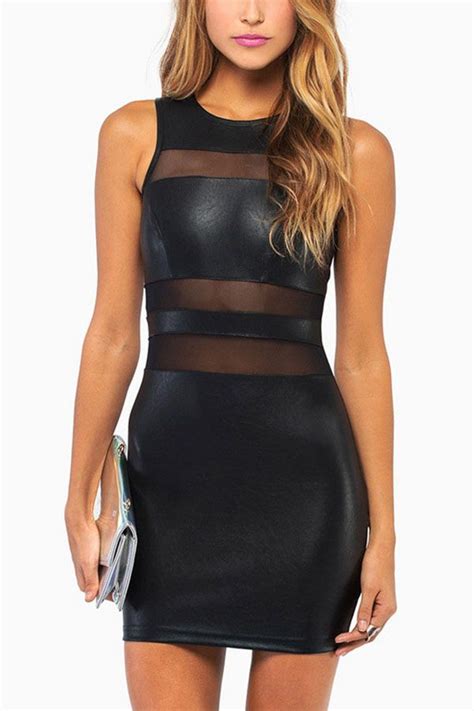 Black Faux Leather Round Neck Mesh Cutout Party Dress Mesh Bodycon