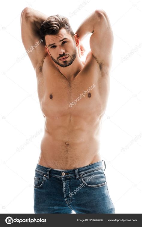 Handsome Sexy Shirtless Man Jeans Isolated White Stock Photo By