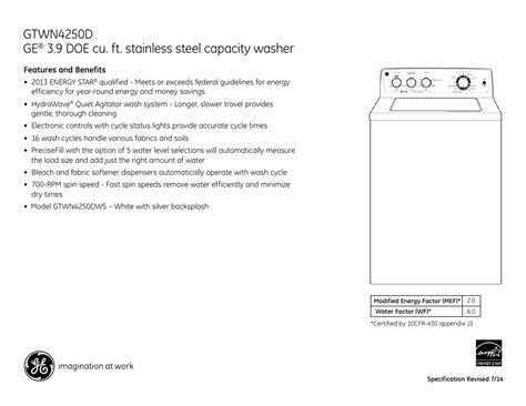 Gtwn4250d Ge 9 Doe Cu Ft Stainless Steel Capacity Washer Ge Gtwn4250dws User Manual Page