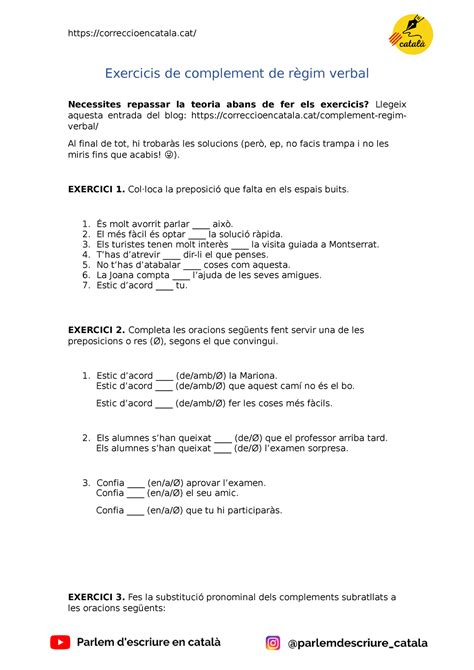 Exercicis Complement De Regim Verbal Correccioencatala Exercicis De