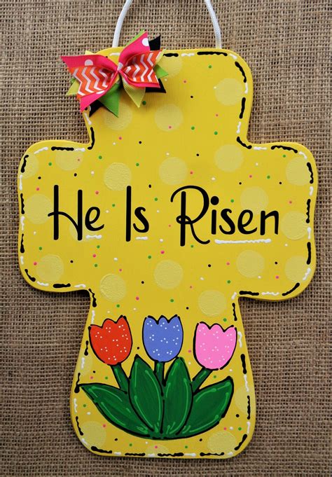 He Is Risen EASTER CROSS W Tulips Wall Art Door Sign Hanger Hanging