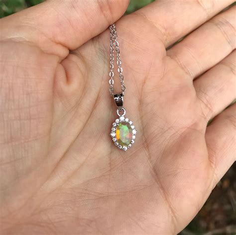 Oval Fire Opal Necklace Genuine Welo Opal Necklace Halo Opal Necklace