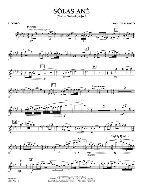 Sòlas Ané Yesterdays Joy Piccolo By Samuel R Hazo Sheet Music For