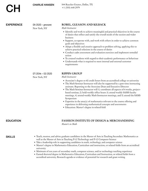 Math Instructor Resume Samples Velvet Jobs