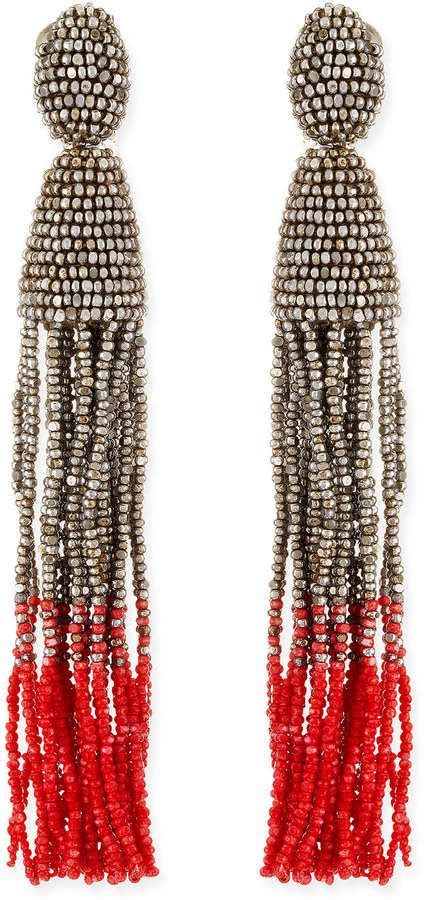 Oscar De La Renta Long Ombre Bead Tassel Clip On Earrings Silver Pink