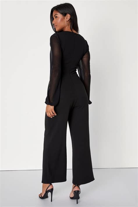 Black Jumpsuit Wide Leg Jumpsuit Mesh Long Sleeve Jumpsuit Lulus