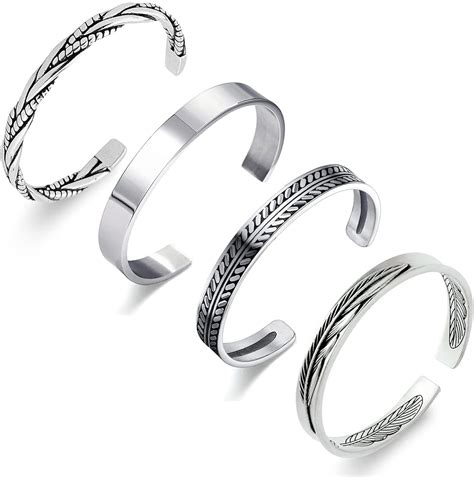 RIOSO 4Pcs Men's Cuff Bracelets Silver Cuff Bracelet Leaves Pattern ...