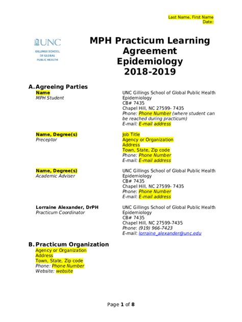 Mph Practicum Learning Agreement Sph Unc Doc Template Pdffiller