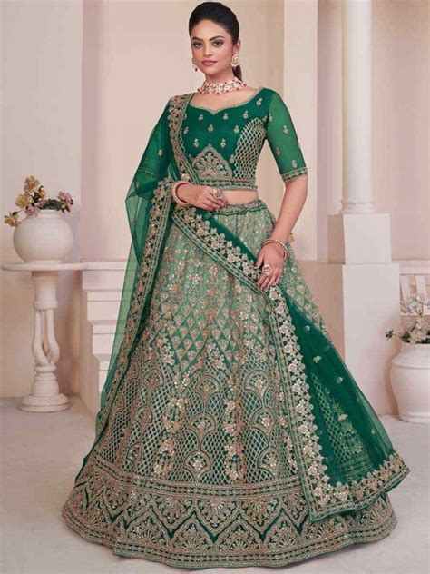 Green Net Embroidered Bridal Reception Heavy Border Lehenga Choli