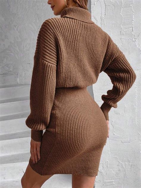 Shein Frenchy Turtleneck Drop Shoulder Ribbed Knit Sweater Dress