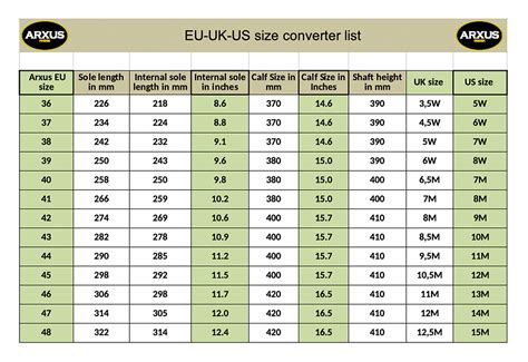 Size Chart | Arxus USA Rubber Boots