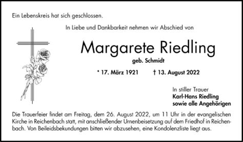 Traueranzeigen Von Margarete Riedling Trauerportal Ihrer Tageszeitung