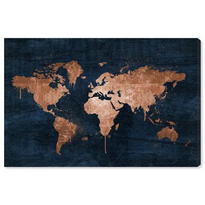 Oliver Gal Mapamundi Copper Blue Metallic World Map Modern Blue