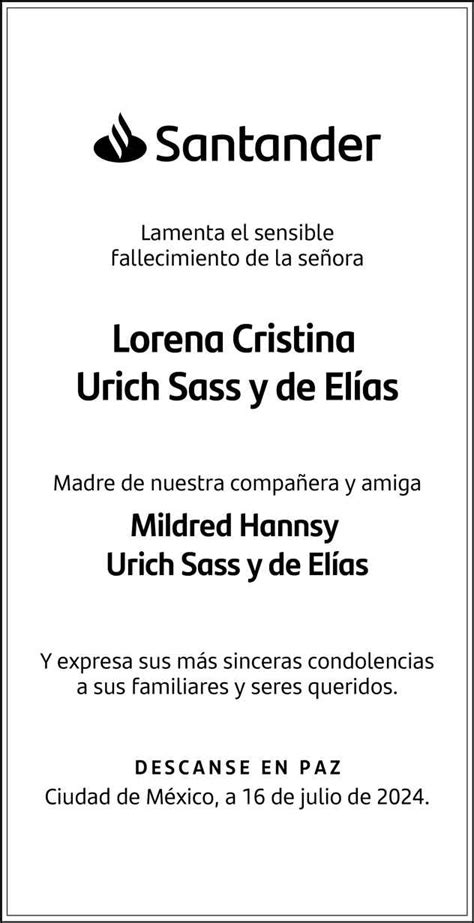 Señora Lorena Cristina Urich Sass y de Elías Obituario Esquela