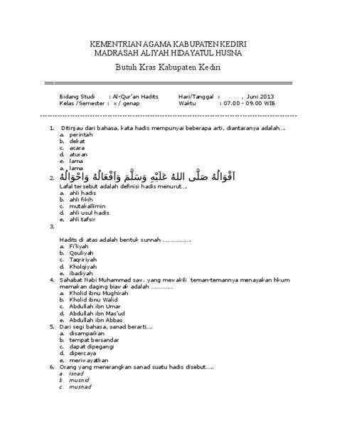 Soal Alquran Hadits Kelas 10