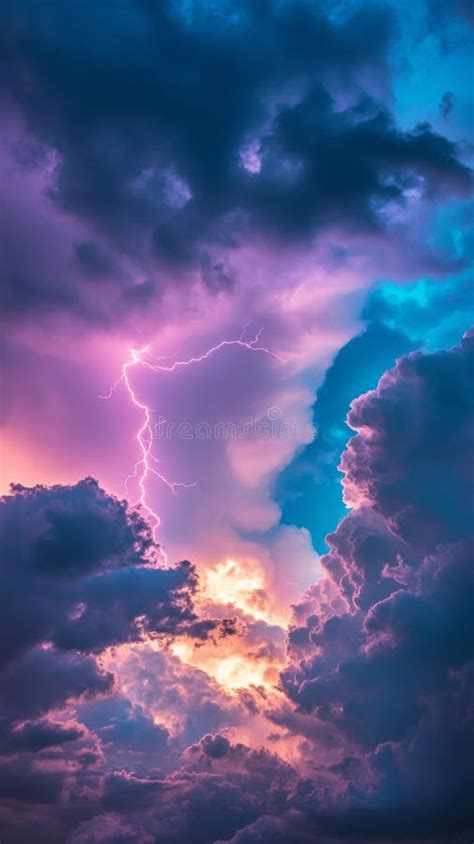 Vibrant Lightning Storm In Colorful Sky Dramatic Clouds Weather