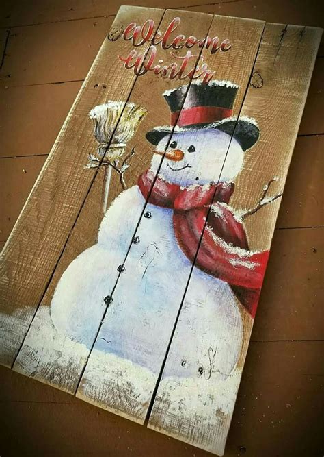 Welcom Winter Snowman Painting On Wood Woodcraftssnowman Wooden