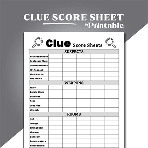 Clue Score Sheet Clue Board Game Score Sheet Clue Score Etsy Singapore