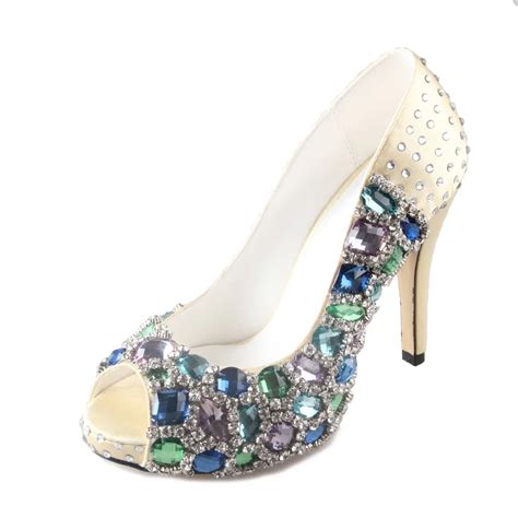 Handmade Light Gold Satin Shoes With Sewed Blue Crystals Rhinestones