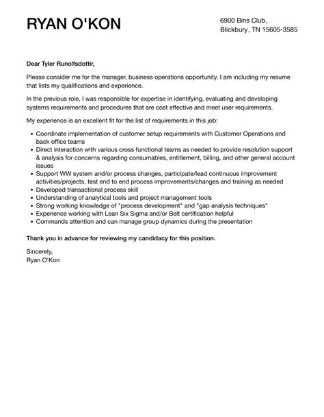 Manager Business Operations Cover Letter Velvet Jobs