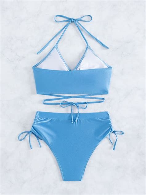 Shein Swim Y Glam Solid Bikini Set Criss Cross Tie Back Bra