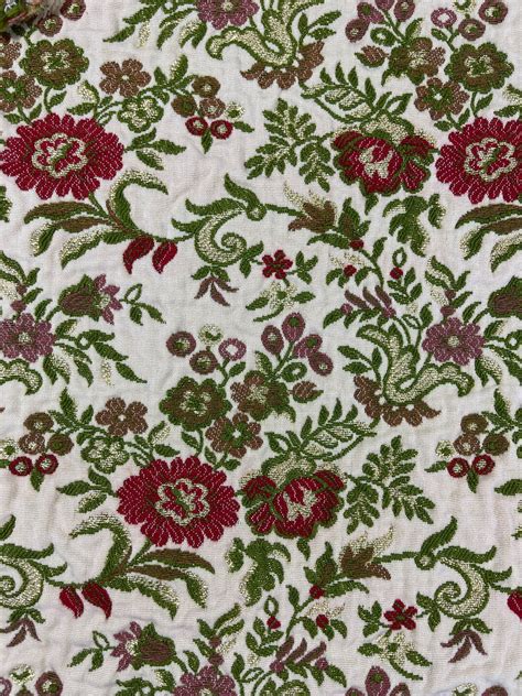 Vintage Brocade Upholstery Fabric Remnant in Cream Red Green and Gold ...