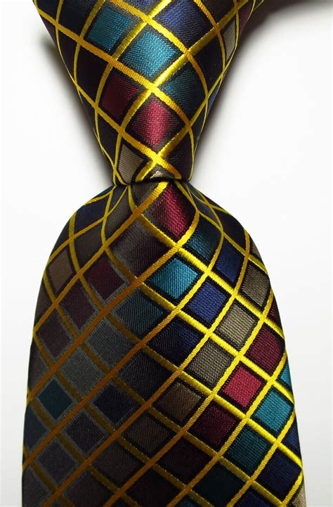 New Classic Checks Gold Red Blue Brown JACQUARD WOVEN Silk Men S Tie