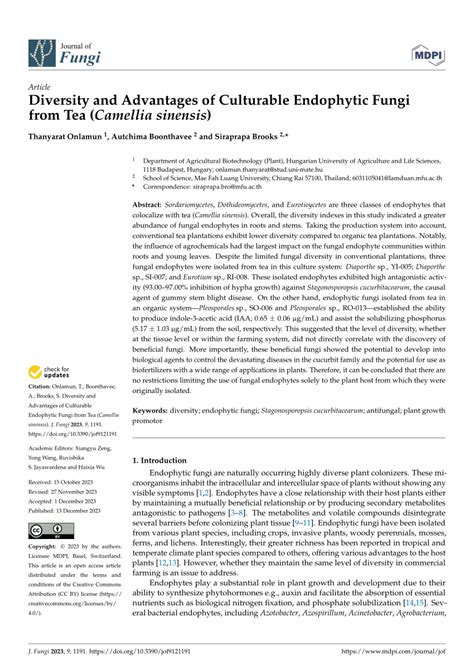 PDF Diversity And Advantages Of Culturable Endophytic Fungi From Tea