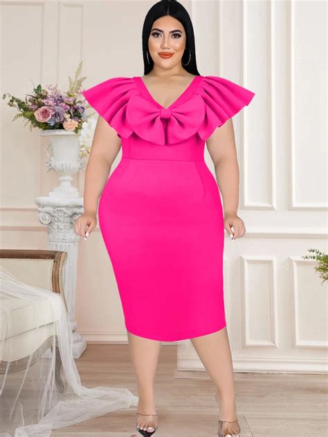 Ontinva Plus Size Dress For Women 4xl V Neck Cape Sleeve Ruffles Bowtie