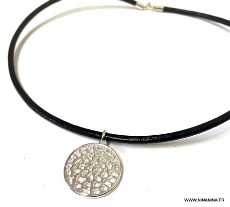 Collier cordon Cuir femme pendentif rond plaqué Argent Ninanina