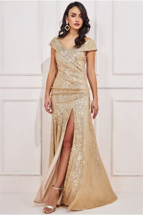 Goddiva Bardot Sequin Pleated Maxi Dress Gold Sale From Yumi Uk