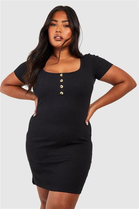 Plus Rib Button Bodycon Dress Boohoo