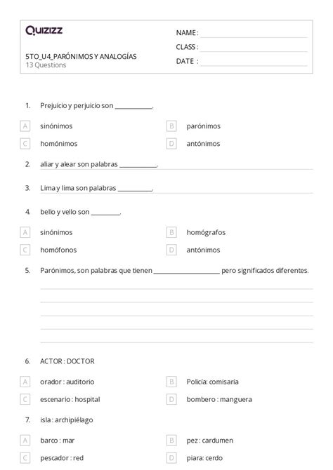 50 homófonos y homógrafos hojas de trabajo para Grado 5 en Quizizz