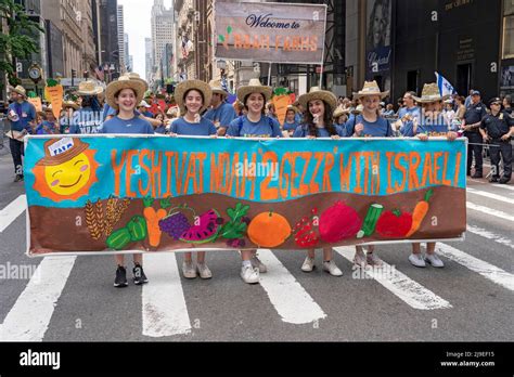 New York New York May 22 Participants Holding Israeli Flags And Signs March Up Fifth Avenue