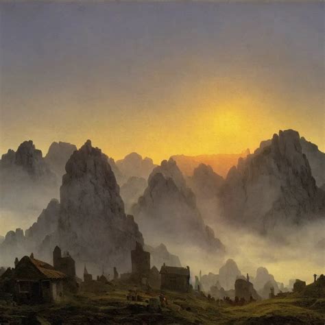 Village Above The Clouds Sharp Pointy Mountains Stable Diffusion