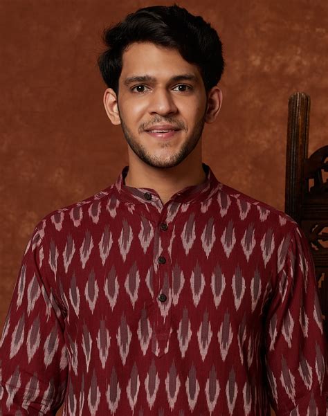 Buy Wine Cotton Ikat Slim Fit Short Kurta For Men Online At Fabindia