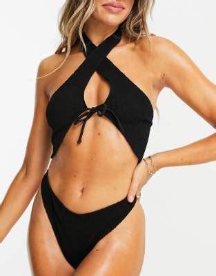 ASOS DESIGN Mix And Match Crinkle Cross Neck Bikini Top In Black ASOS