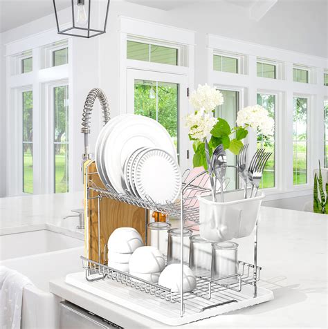 Simple Houseware Modern 2 Tier Kitchen Drying Dish Rack With Drainboard