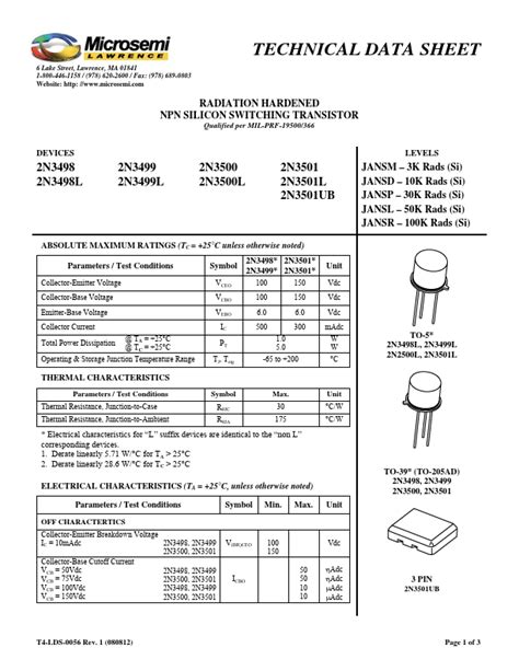 2N3501 Microsemi TRANSISTOR Hoja de datos Ficha técnica Distribuidor