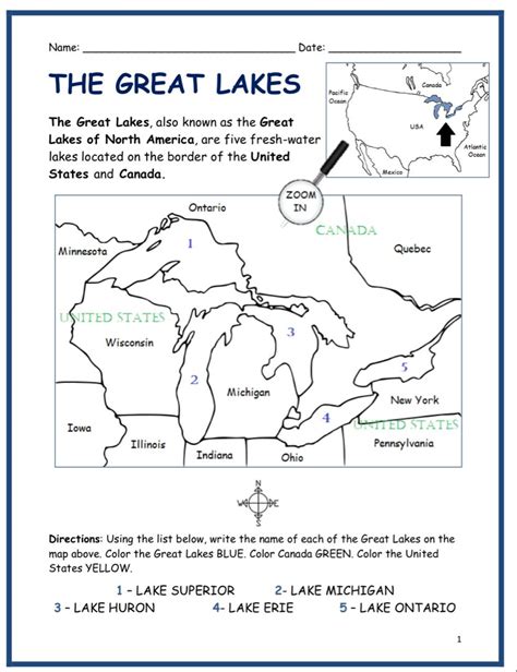 The Great Lakes Printable Worksheet With Map Great Lakes Map Lake