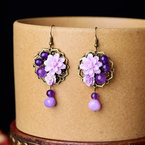 Buy Boeycjr Ethnic Vintage Natural Purple Stone Bead Flower Dangle Earrings