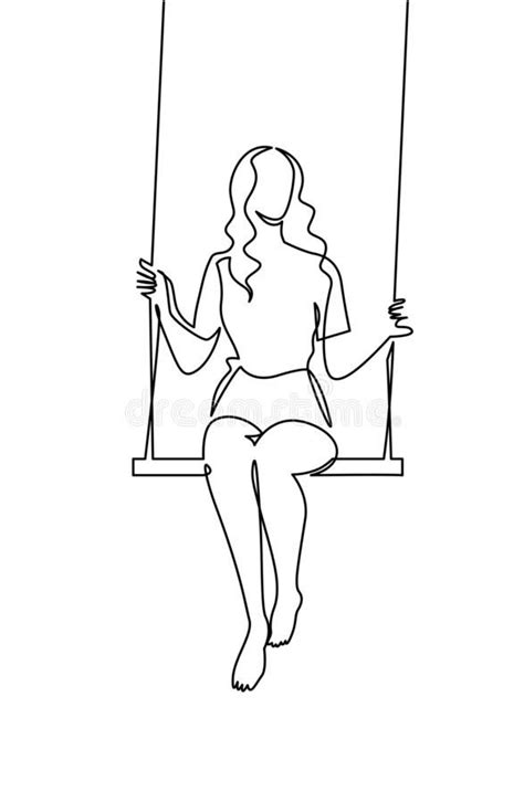 Continuous One Line Drawing Youg Woman Swinging On Swing Leisure Time