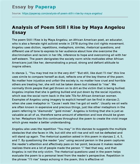 Analysis of Poem Still I Rise by Maya Angelou Free Essay Example