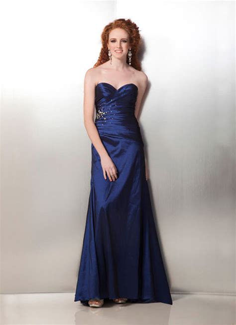 Navy Blue A Line Strapless Sweetheart Full Length Satin Formal Dress